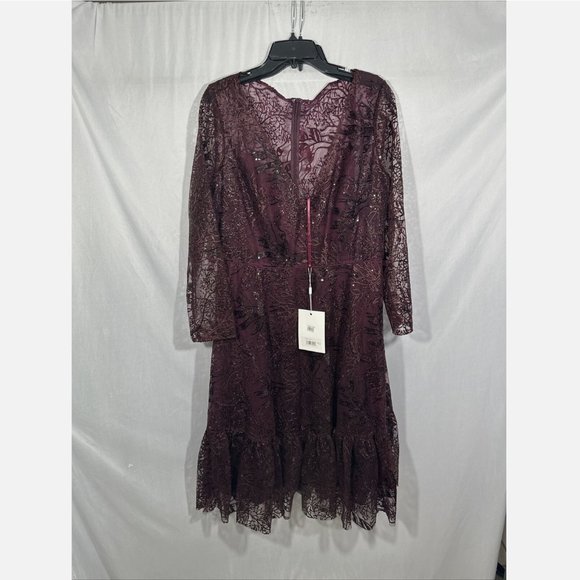 NWT $498 Mac Duggal [ 16 ] Lace Embellished Long‎ Sleeve Ruffle Dress Wine Red - Picture 3 of 15